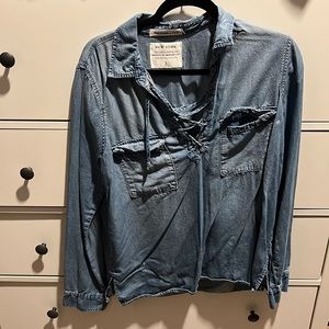 Distressed blue deep V long sleeve